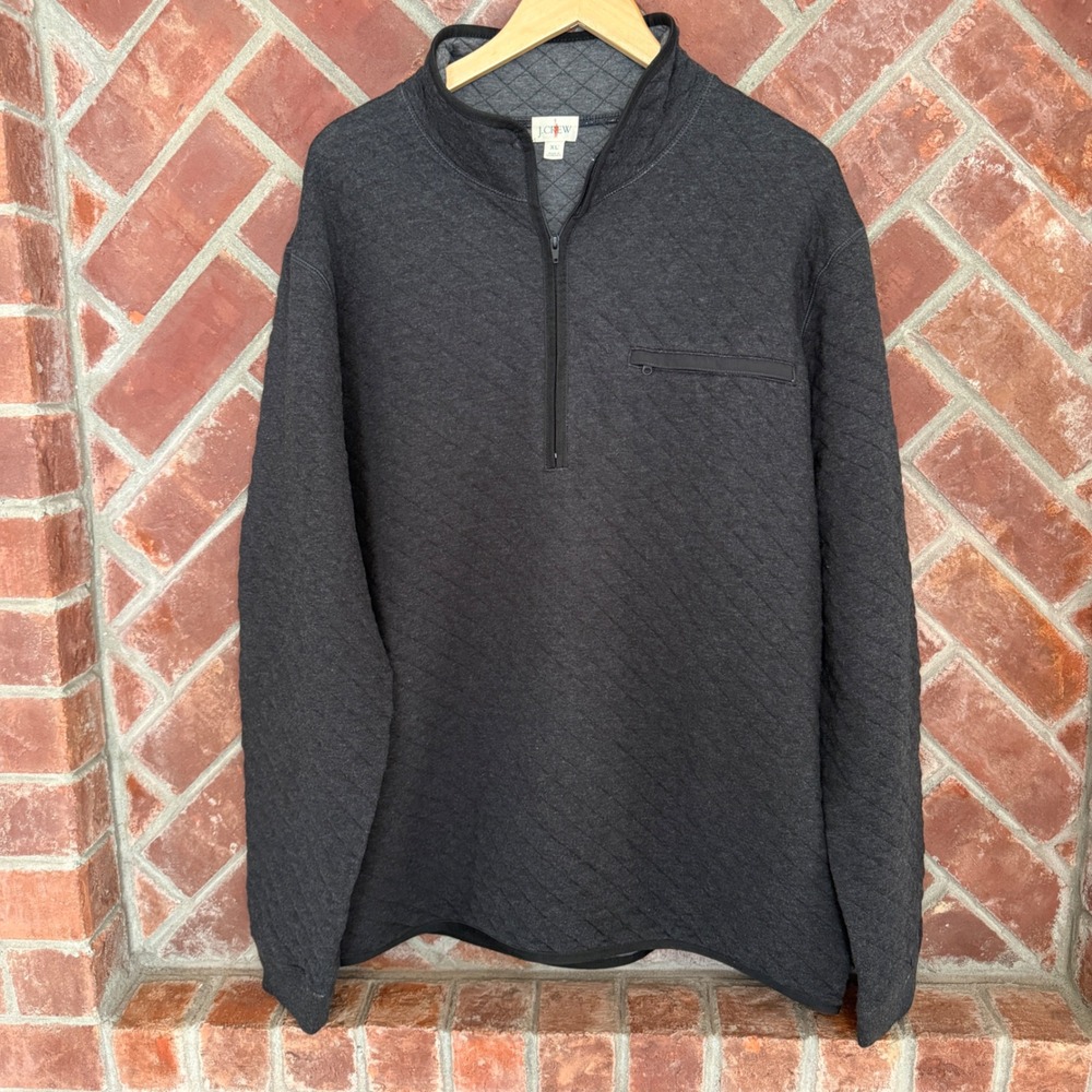 Vtg J.Crew Oarsmen Mens XL Gray Quilted Quarter Zip Diamond Stitch Sweatshirt